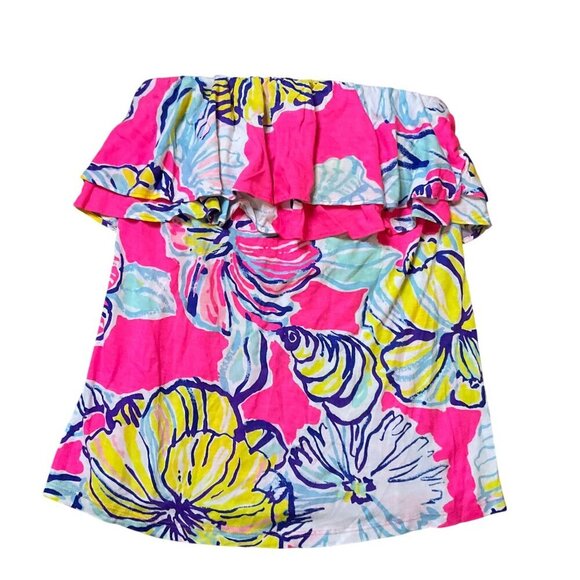 Lilly Pulitzer Strapless Floral Ruffle Rilo Tube Top Pink Cotton Blend - Picture 7 of 7